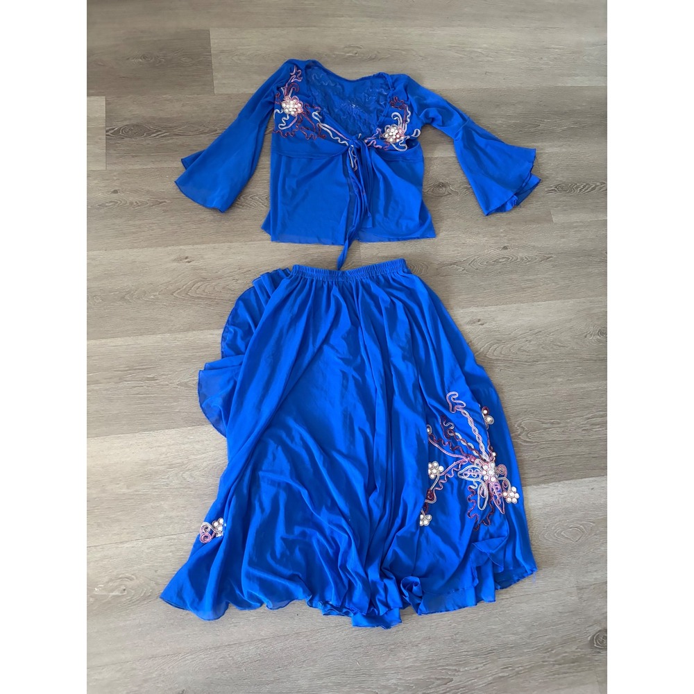 Handmade Vtg Y2K Sheer Embroidered Blue 2 Piece Set Bell Sleeve Top Maxi Skirt